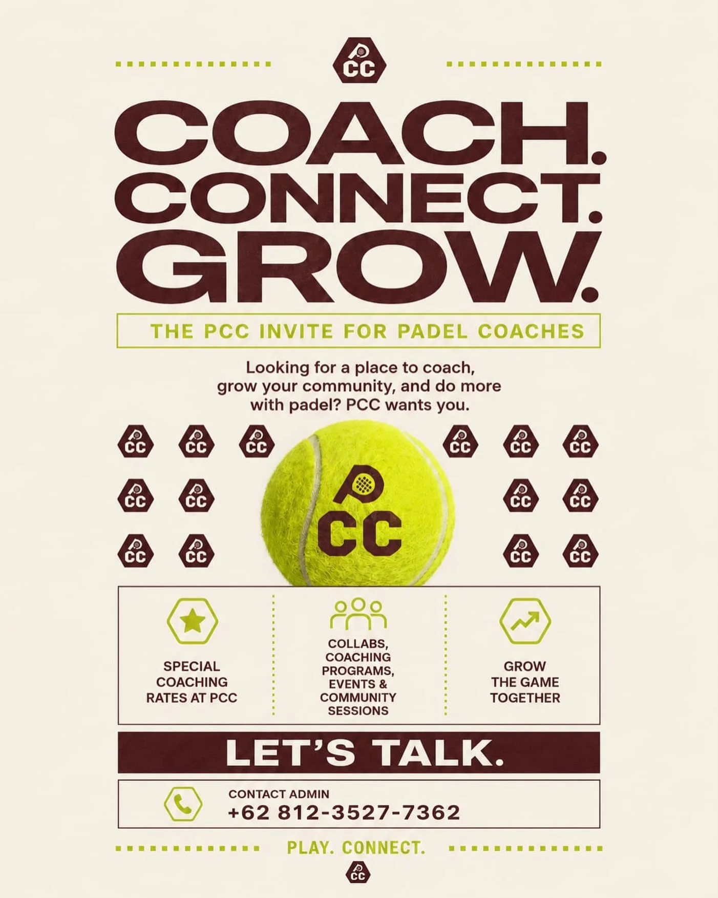 PCC's poster inviting padel coaches: Coach. Connect. Grow.